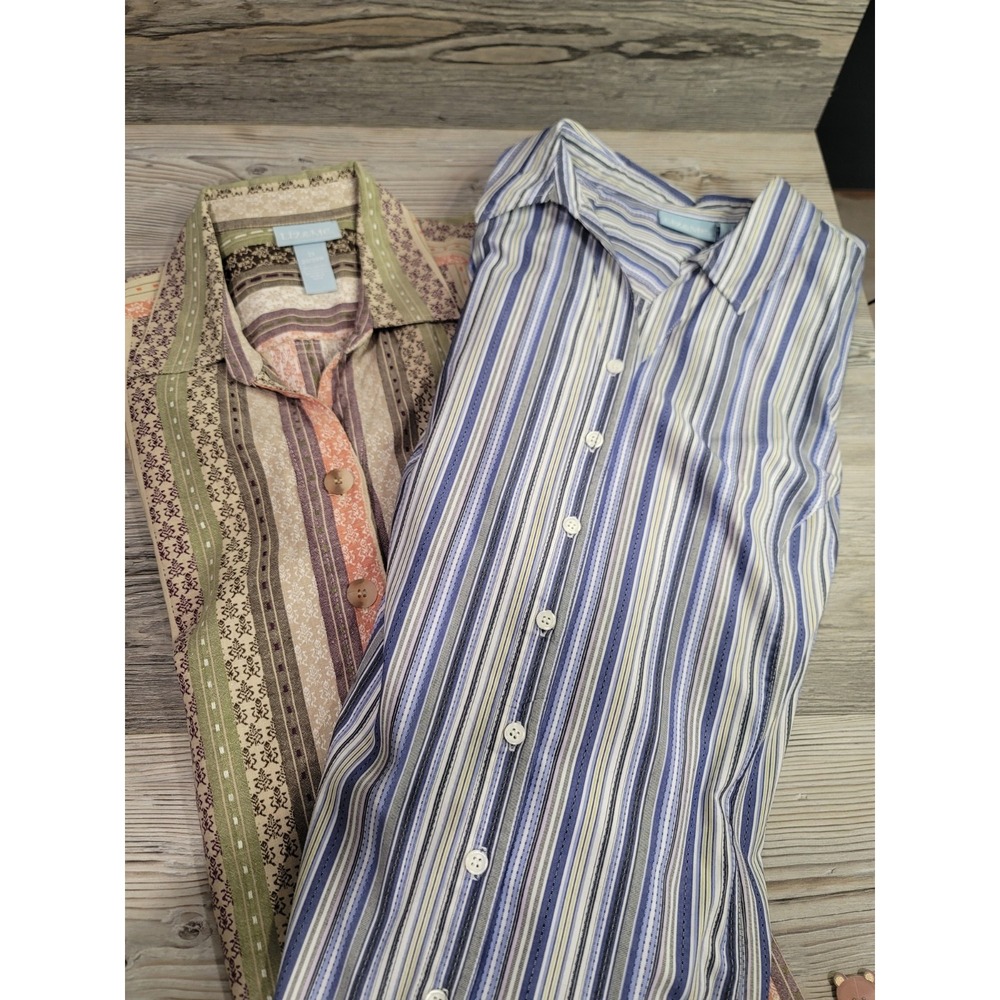 Vintage Liz & Me 22/24w blouses set of 2. blue pin stripes Patchwork earth tone